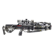 A TenPoint crossbow with a black and gray camouflage pattern, featuring a mounted scope, photographed against a solid white background.