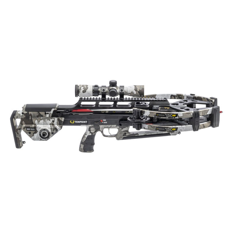 A TenPoint crossbow with a black and gray camouflage pattern, featuring a mounted scope, photographed against a solid white background.