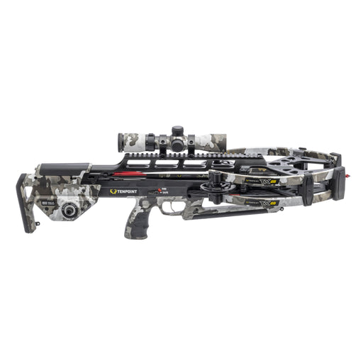 A TenPoint crossbow with a black and gray camouflage pattern, featuring a mounted scope, photographed against a solid white background.