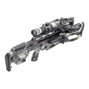A crossbow with a gray and white digital camouflage pattern, featuring a mounted scope and black mechanical components, shown on a solid white background.