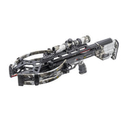 A crossbow with a black metal stock and barrel, featuring a camouflage-patterned riser and limbs, equipped with a mounted scope and a visible optic, shown on a solid white background.