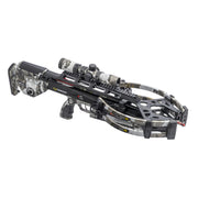 A crossbow with a black and gray camouflage pattern, featuring a mounted scope, photographed on a solid white background.