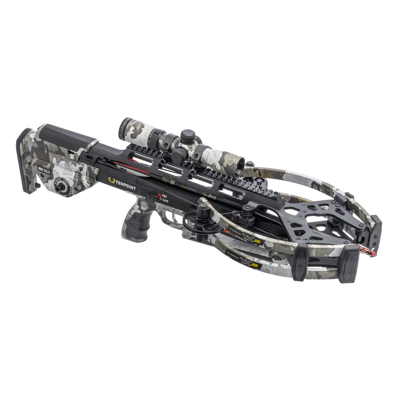 A crossbow with a black and gray camouflage pattern, featuring a mounted scope, photographed on a solid white background.