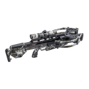 A black and camouflage crossbow with a mounted scope, photographed on a solid white background.
