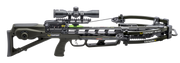 A black and dark gray TenPoint Venom X crossbow with a mounted scope, shown in a clean studio shot against a white background.
