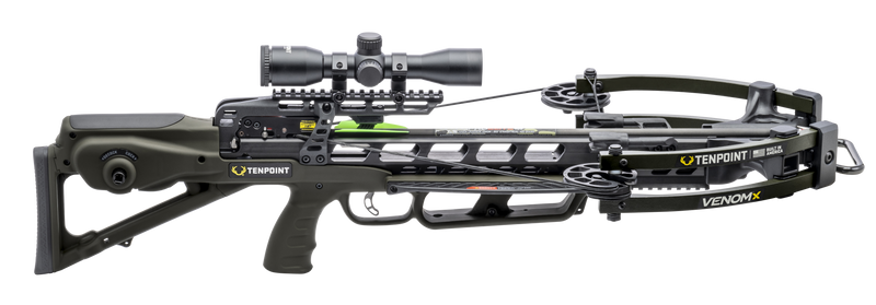 A black and dark gray TenPoint Venom X crossbow with a mounted scope, shown in a clean studio shot against a white background.