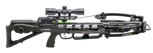 A black and dark gray TenPoint Venom X crossbow with a mounted scope, shown in a clean studio shot against a white background.