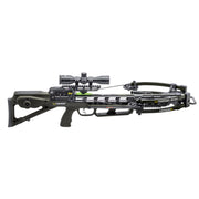 A black and dark green TenPoint VenomX compound crossbow with a mounted scope, shown in a side profile on a solid white background.