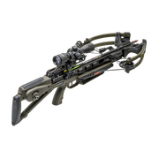 A crossbow with an attached scope, shown on a solid white background. The crossbow features an olive green and black color scheme with visible branding for TenPoint