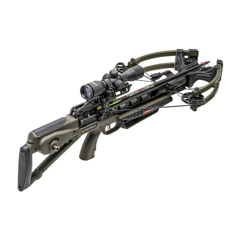 A crossbow with an attached scope, shown on a solid white background. The crossbow features an olive green and black color scheme with visible branding for TenPoint