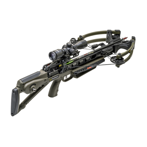 A crossbow with an attached scope, shown on a solid white background. The crossbow features an olive green and black color scheme with visible branding for TenPoint