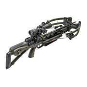 A  crossbow with an attached scope, shown on a clean white background. The crossbow features an olive green and black color scheme with a mounted sight and a visible rail.