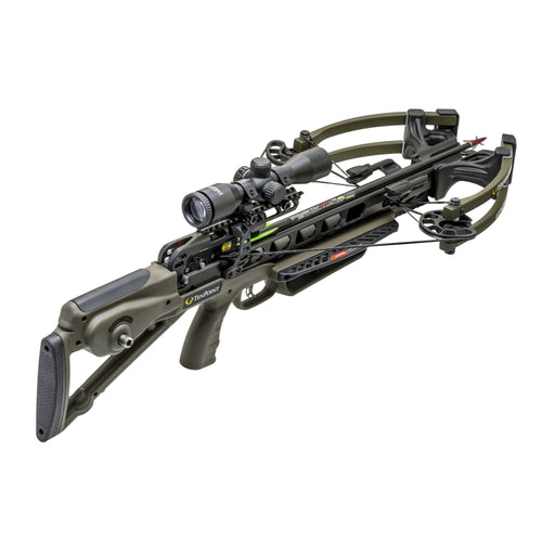 A  crossbow with an attached scope, shown on a clean white background. The crossbow features an olive green and black color scheme with a mounted sight and a visible rail.