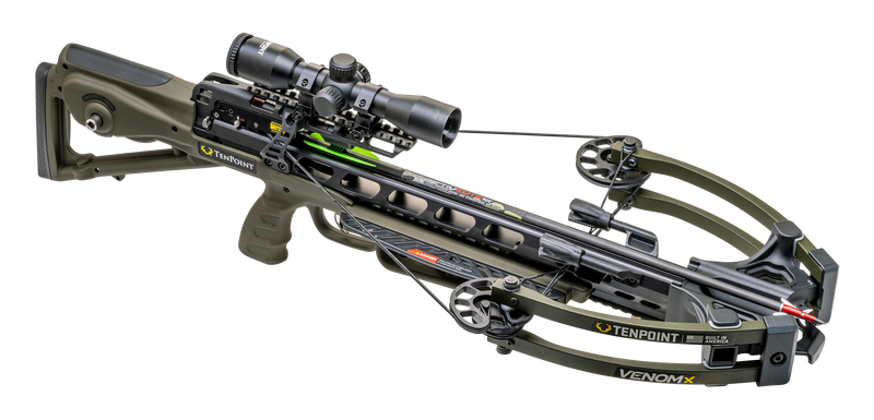 TenPoint Venom X crossbow with an attached scope, shown on a plain white background.