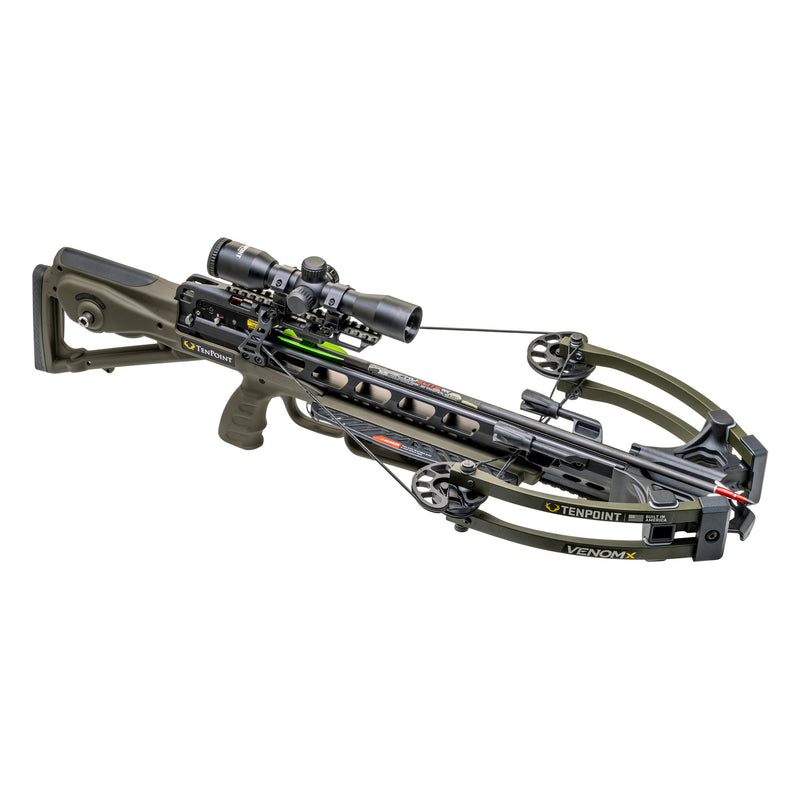 A black and dark green TenPoint compound crossbow with an attached scope, shown on a solid white background.