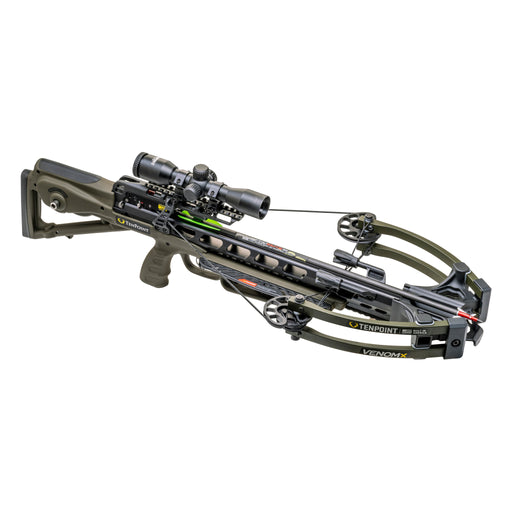 A black and dark green TenPoint compound crossbow with an attached scope, shown on a solid white background.