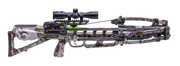 A TenPoint Venom X crossbow with a black and gray camouflage stock and grip, featuring a mounted scope, on a solid white background.