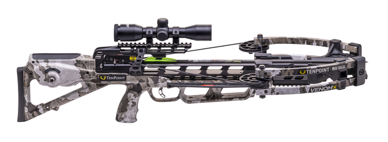 A TenPoint Venom X crossbow with a black and gray camouflage stock and grip, featuring a mounted scope, on a solid white background.