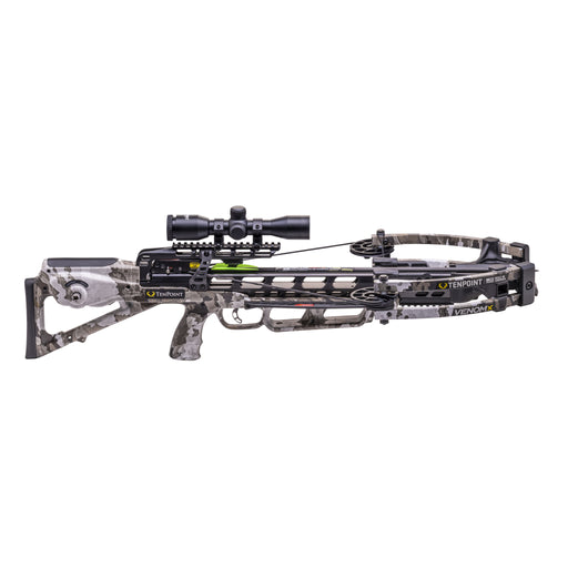 A crossbow with a camouflage pattern stock and limbs, featuring a mounted scope, black grip, and visible branding, shown against a plain white background.