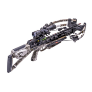 A crossbow with a camouflage stock and limbs, equipped with a mounted scope and sight, shown against a solid white background.