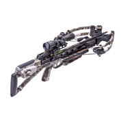 A crossbow with a camouflage pattern stock and limbs, featuring a mounted scope and black mechanical components, shown on a plain white background.