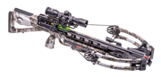 A TenPoint Venom crossbow with a camouflage stock and limbs, equipped with a black scope and green accents, shown against a solid white background.