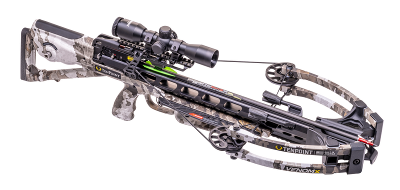 A TenPoint Venom crossbow with a camouflage stock and limbs, equipped with a black scope and green accents, shown against a solid white background.