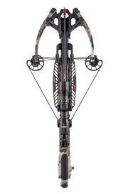 A front-facing studio shot of a modern crossbow with a camouflage stock and limbs, black mechanical components, and red accents, isolated on a white background.