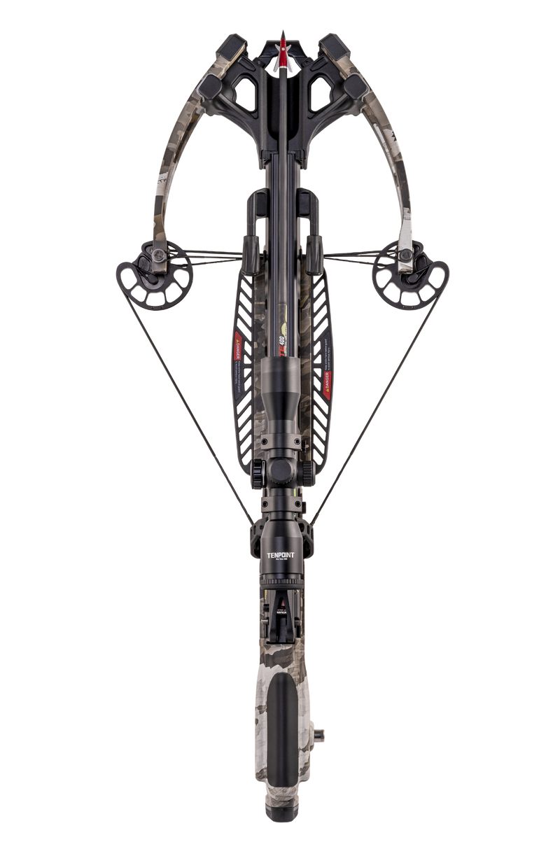 A front-facing studio shot of a modern crossbow with a camouflage stock and limbs, black mechanical components, and red accents, isolated on a white background.