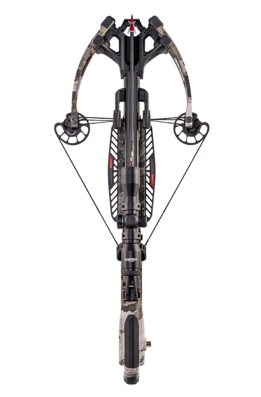 A front-facing studio shot of a modern crossbow with a camouflage stock and limbs, black mechanical components, and red accents, isolated on a white background.