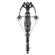 A crossbow with a black and camouflage pattern, shown from a front-facing perspective on a solid white background.