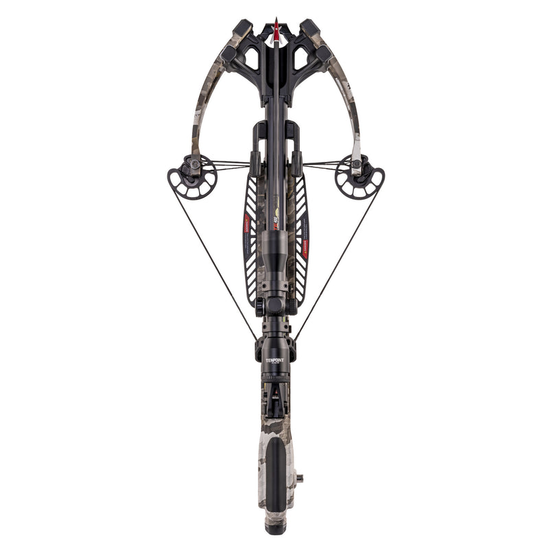 A crossbow with a black and camouflage pattern, shown from a front-facing perspective on a solid white background.