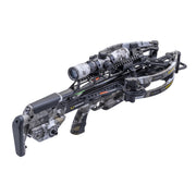 A black and gray camouflage crossbow with an attached scope, shown on a solid white background.