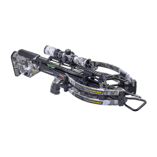A crossbow with a black and white camouflage pattern, featuring a mounted scope, shown on a solid white background.