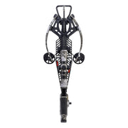 A top-down view of a ccrossbow with integrated quiver and accessories, featuring a black and gray frame with camouflage accents, set against a solid white background.