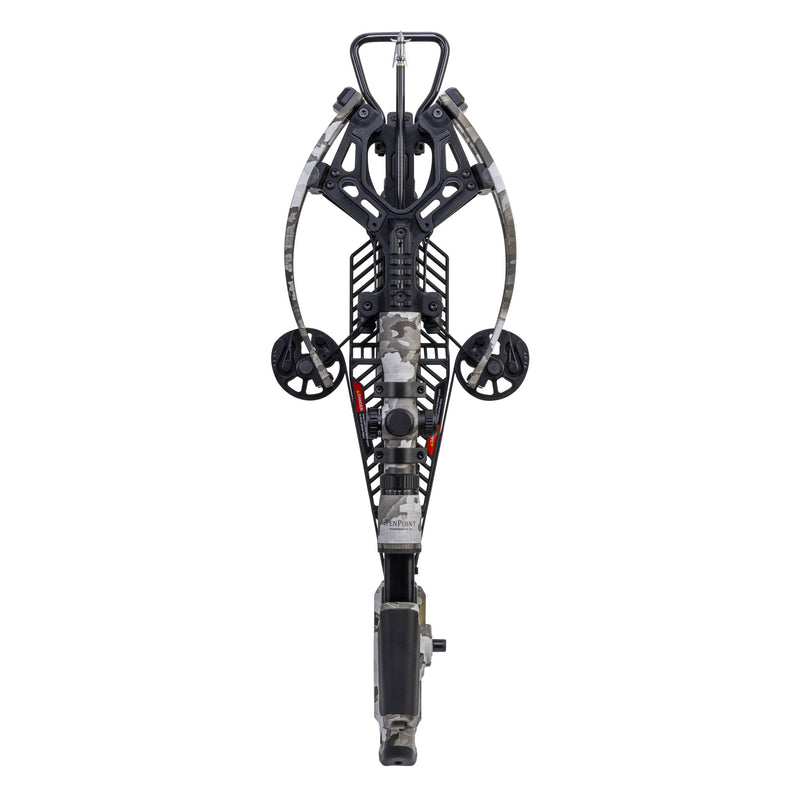 A top-down view of a ccrossbow with integrated quiver and accessories, featuring a black and gray frame with camouflage accents, set against a solid white background.