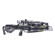 Crossbow with camouflage pattern on a white background