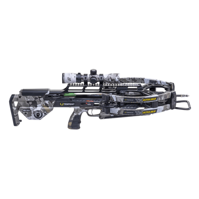 Crossbow with camouflage pattern on a white background