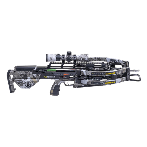 Crossbow with camouflage pattern on a white background