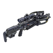 A black and dark gray crossbow with an attached scope, photographed on a clean white background.