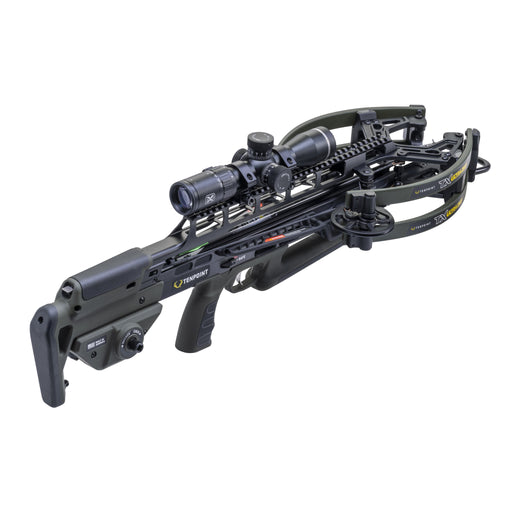 A black and dark gray crossbow with an attached scope, photographed on a clean white background.