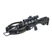 A black and dark gray crossbow with an attached scope, shown on a plain white background. The crossbow features yellow and white branding 