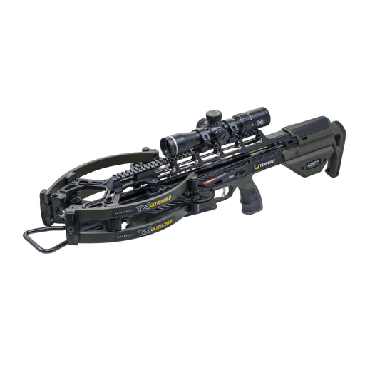 A black and dark gray crossbow with an attached scope, shown on a plain white background. The crossbow features yellow and white branding 