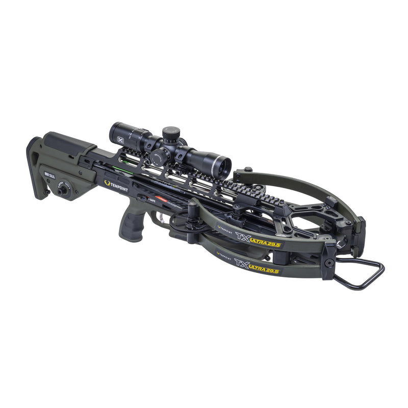 A black and dark gray crossbow with an attached scope, shown on a clean white background. The crossbow features yellow and white branding 