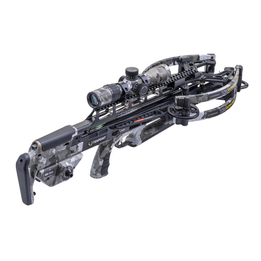 Crossbow with camouflage pattern on a white background