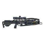A black and olive green TenPoint crossbow with a mounted scope, shown in a side profile on a solid white background.