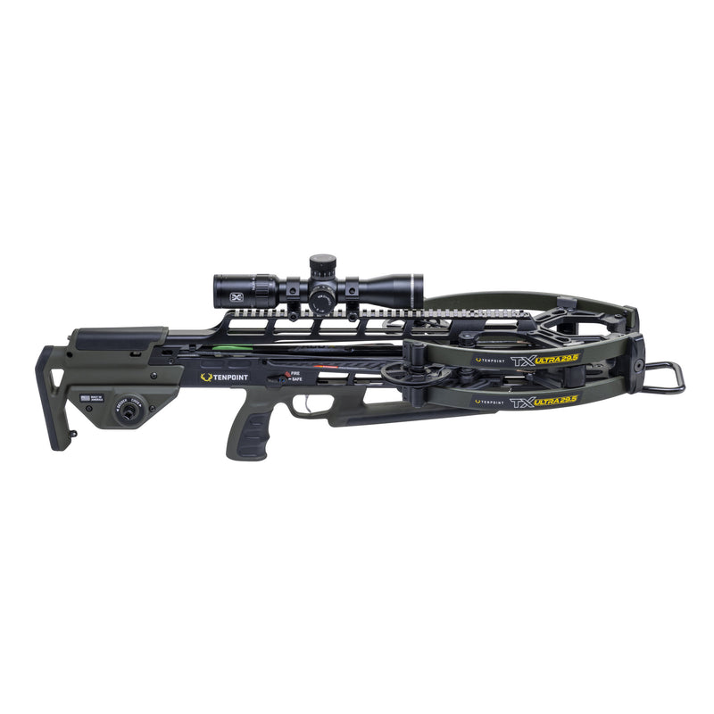 A black and olive green TenPoint crossbow with a mounted scope, shown in a side profile on a solid white background.