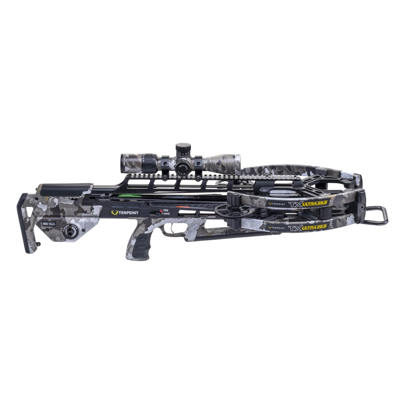 A TenPoint crossbow with a black and gray camouflage pattern, featuring a mounted scope, shown against a plain white background.