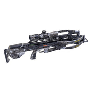 A TenPoint crossbow with a gray and black camouflage pattern, featuring a mounted scope, photographed on a solid white background.