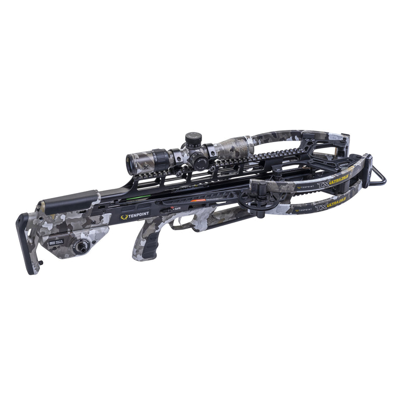 A TenPoint crossbow with a gray and black camouflage pattern, featuring a mounted scope, photographed on a solid white background.